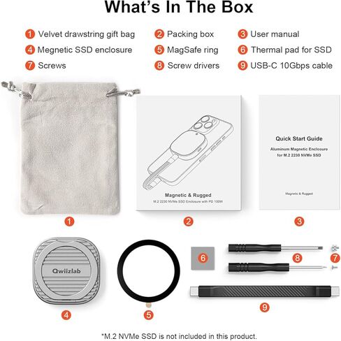 QWIIZLAB Magnetic 2230 NVMe SSD Enclosure, Magsafe for iPhone 16/15 Pro Max ProRes, 10Gbps USB Type-C, 100W PD Charge, Fits PCIe M.2 M-Key up to 2TB, Aluminum Case, Compatible with iPad Air/Pro Mac in Kuwait