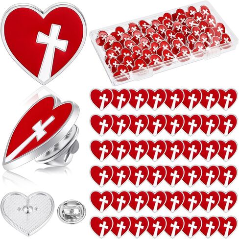 Juexica 50 PCS القلب المقدس الديني من يسوع دبابيس كبيرة مسيحية مسيحية عبور المينا صفيرة بروش حمراء القلب in Saudi Arabia