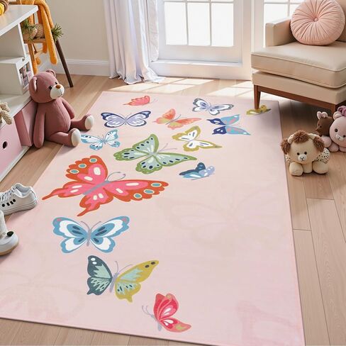 STARUIA Soft Colorful Butterfly Pink Rug for Girls Room, Large 5x7 Area Rugs Washable Kids Rug for Bedroom Women, Baby Nursery Rugs Non Slip Carpet for Kids Room Palyroom Tent Dorm in Kuwait