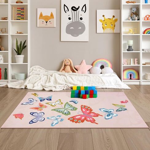 STARUIA Soft Colorful Butterfly Pink Rug for Girls Room, Large 5x7 Area Rugs Washable Kids Rug for Bedroom Women, Baby Nursery Rugs Non Slip Carpet for Kids Room Palyroom Tent Dorm in Kuwait