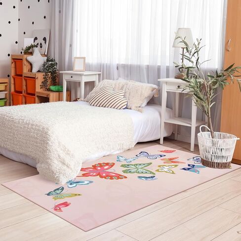 STARUIA Soft Colorful Butterfly Pink Rug for Girls Room, Large 5x7 Area Rugs Washable Kids Rug for Bedroom Women, Baby Nursery Rugs Non Slip Carpet for Kids Room Palyroom Tent Dorm in Kuwait
