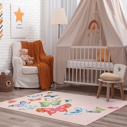 STARUIA Soft Colorful Butterfly Pink Rug for Girls Room, Large 5x7 Area Rugs Washable Kids Rug for Bedroom Women, Baby Nursery Rugs Non Slip Carpet for Kids Room Palyroom Tent Dorm in Kuwait