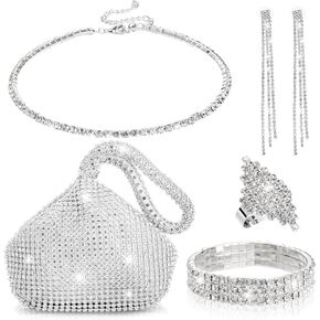 5 Pcs Rhinestone Jewelry Set, Shiny Silver Clutch Purse & Bling Necklace Earrings Bracelet Ring for Women's Wedding