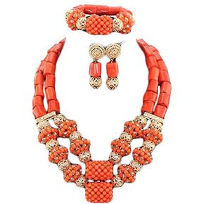 2018 Latest Coral Jewelry Sets Nigerian Dubai Orange Necklace Sets of Beads African Bridal Jewelry Sets