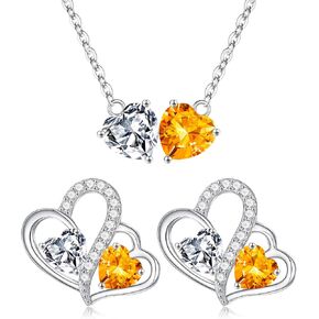 Iefil Double Birthstone Necklace and Double Birthstone Heart Earrings Set