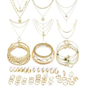 Gold Jewelry Set for Women Costume Jewelry Gold Plated Necklace Bracelet Stackable Rings Earrings Pack for Women