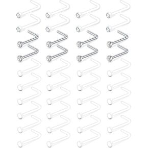 JFORYOU 20G Clear Nose Studs Bioflex Retainer & Stainless Steel Nose Ring Bone L Shaped Stud Nose Piercing Retainer Top Flat 2mm 40PCS