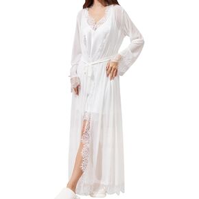 2 Piece Women Lingerie Sets Lingerie Satin Lace Chemise Nightgown Slips Sleepwear Lace Dress
