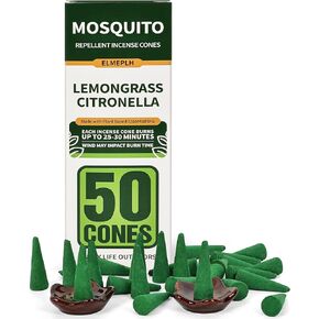 50 Pcs Mosquito Repellent Incense Cones - Natural Citronella Incense Cones for Camping, Patio, Hiking,Outdoor, etc - Includes 2 Ceramic Dishes