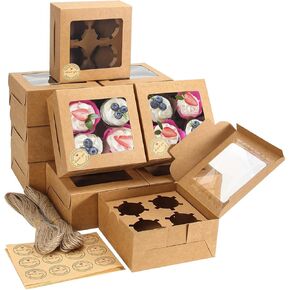 OAMCEG 50 PCS Cupcake Boxes with Window & Insert 6x6x3 Inch Kraft Cookie Containers 4 Cavity Bakery Pastry Cake Dessert Treat Boxes for Packaging, Cupcake Carrier Holders with Stickers & Jute Twine