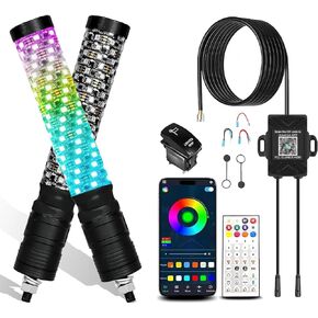 2 Pack Whip Lights for Side by Side, 1FT Fat LED Whip Lights, With App and Remote Control Spiral Rgb Chasing Antenna Whip Light for Utv Atv Rzr Sxs Can-Am Dune Buggy Offroad Truck (Without Switch)