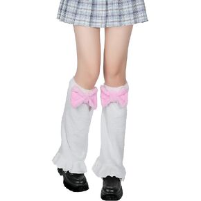 SATINIOR Kawaii Pink Bow Leg Warmer Y2k Furry Bow Leg Warmers Lolita over The Knee Socks for Women Girls (White and Pink)