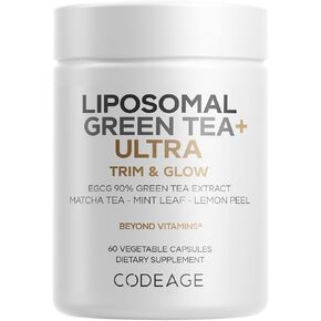 Codeage Liposomal Green Tea+ Fultra Potency - EGCG 90 ٪ مستخلص الشاي الأخضر ، مسحوق الشاي الأخضر الماتشا العضوي ، النعناع ، قشر الليمون - نباتي ، غير محلي ، خالي من الغلوتين - توصيل شحمي - 60 كبسولة