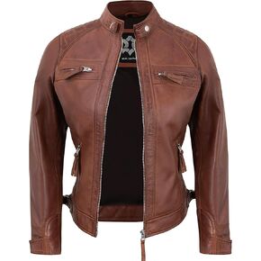 Real Lambskin Trendy Womens Leather Jackets Moto Biker Style Zip Up Motorcycle Jacket Women Outerwear With Pockets