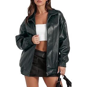 Sexyshine Women's Oversized Faux Leather Jacket Lapel Collar Zip Up Long Sleeve PU Leather Coat Motorcycle Bomber Overcoat