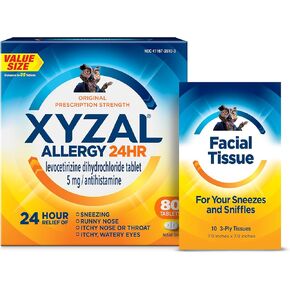 XYZAL 24 ساعة طب الحساسية مع حزمة الأنسجة المكافأة ، وصفة طبية أصلية حبوب منع الحمل المضادة للهيستامين ، ليفوسيتيريزين.