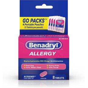 Benadryl Ultratabs Medication Allergy Medicine ، 25 mg diphenhydramine hcl antihistamine sablets for refort of parch and anslergy extomes مثل العطس ، الأنف السيلان ، والحكة والحنجرة ، 24 ct