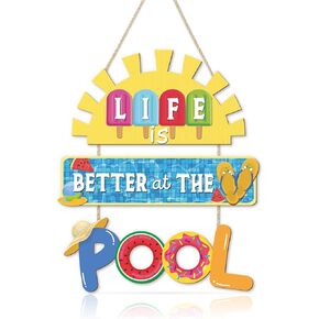 HOURIA Life is Better at The Pool Wood Hanging Sign,11.8 * 13.9 Inch Summer Sunshine Popsicle Swimming Pool Decor,Funny Pool Decorations for Outdoor Beach Party