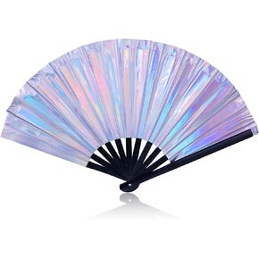 BOXOB Large Silver Handheld Rave Folding Fans, Holographic Laser Glitter Clack Folding Hand Fans for Dancing Women Foldable Fan Gifts for Night Club Wedding Dance Party Performance Outfit Props