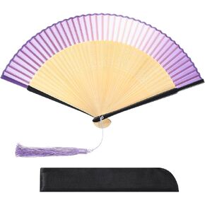 MECCANIXITY Hand Held Silk Bamboo Fans Chinese Vintage Style Silk Folding Fan Folding Fan for Women Dance Music Festival Wedding Party, Light Purple