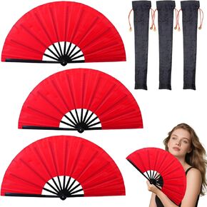 13inchs Glitter Large Folding Popping Fan Line Dancing Fan, Big Foldable Boots on The Ground Hand Handheld Line Dance Clap Fans (3, 3 Pcak Red(Not Glitter))