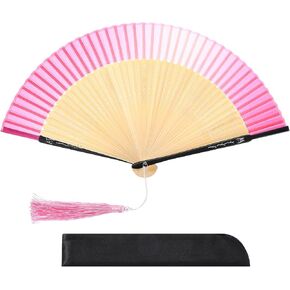 MECCANIXITY Hand Held Silk Bamboo Fans Chinese Vintage Style Silk Folding Fan Folding Fan for Women Dance Music Festival Wedding Party, Rose Pink