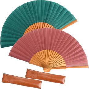 Blulu 2 Pieces Folding Handheld Silk Fan Pear Wood Vintage Spanish Fans with Leather Cover for Women Girls for Renaissance Fairs, LARP, Steampunk, Medieval, Viking, or Cosplay Costumes(Vintage Beach)