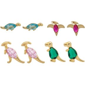 4Pairs Cute Dinosaur Stud Earrings colorful Cubic Zirconia Tiny Animal Earrings Necklace Set for Women-4 Pairs Zirconia B