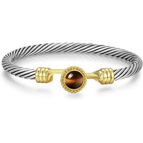 Cuff Bracelets for Women - Silver Cable Bracelets Two Tone Gold Stone - Mixed Metal Bangle Designer Dupes Bracelet Jewelry Gift