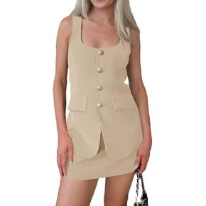 Cicy Bell Womens Summer 2 Piece Outfits Sleeveless Scoop Neck Fitted Blazer Vest Matching Set Mini Skirt Short Suit Work Sets