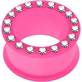 0 Gauge - 8MM Multi Crystal Stone Setting on Pink Soft and Flexible Silicone Double Flared Tunnels Ear Plugs - Sold by Piece