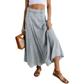 Chartou Women Vintage Long Denim Skirt Lingy Big Hend Slucky Gashed Jean Skirt