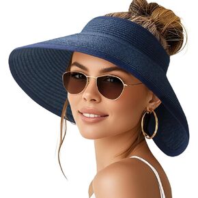 NPQQUAN Sun Visor Hats for Women Wide Brim Ponytail Straw Beach Hat Packable Foldable UPF 50+ Floppy Travel Hats