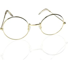 Round Wire Frame Glasses | Small Round Eyeglasses | Wizard Glasses | Santa Glasses | Costume Frames | Santa Costume Accessories | Non-Prescription Novelty Clear Lenses | Gold | One Size