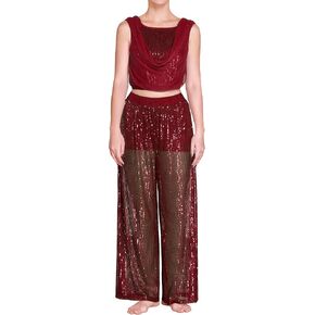 ODASDO Women Lyrical Dance Costumes Modern Contemporary Dancewear Draped Front Tank Top Sequin Wide Leg Pants 2pcs Set