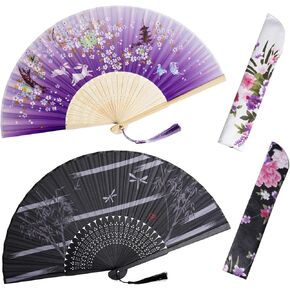 Folding Hand Fans for Women Silk Handheld Folding Fan with Storage Case Bamboo Chinese Style Crafts for Dancing Wedding Party Music Festival Favors DIY Decoration (Classic, One Size)