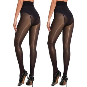 Ultra Soft Shiny Pantyhose for Women - 2 Pairs Shimmer Sheer Jazz Tights, Control Top Silky Dance Stockings Under Dress