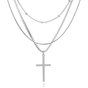 Cross Pendant Necklace for Women Men - Simple Thin 3 Layered Choker - Paperclip Box Link Snake Chain - Elegant Christian Jewelry, 19"