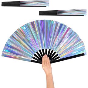 2 PCS خط الرقص Glitter مروحة ثلاثية الأبعاد 13 بوصة كبيرة طي الهذيان مهرجان مروحة مروحة الرقص المحمولة ملحقات مروحة Clack Clack للملابس Party Club Pop Performance Laser White
