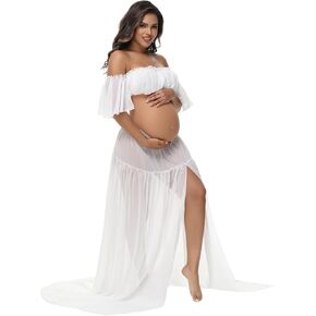 JustVH Maternity 2 Piece Outfits Dress Chiffon Tube Top Ruffle Sleeves Split Skirt for Photoshoot Baby Shower