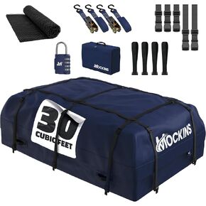 Mockins 30 Cuft Navy Navy Rooftop Cargo Bag لاستخدامها مع أو بدون رف سقف | 60 "x43" x20 "حقيبة حامل شحن فينيل على السطح