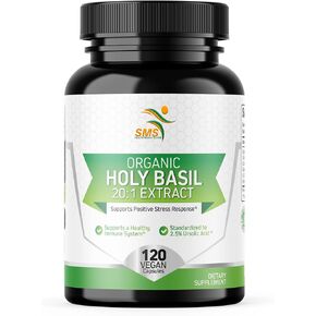 Organic Holy Basil 20:1 Extract, Max Potency, 2.5% Ursolic Acid, 120 Vegan Capsules, 4-Month Supply, Concentrated & Standardized 20X Tulsi Extract, 100% Certified Organic, Non-GMO