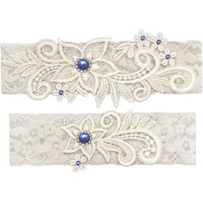 GARGALA Wedding Garters for Bride Bridal Lace Garter Set with Blue Rhainstone Crystal (L)
