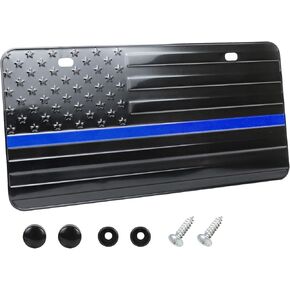 Car American Flag License Plate, 6×12" Aluminum 3D Embossed Metal US Flag License Plate Tag, Patriotic Vintage Plate with Screws Caps, Universal Car Decoration Gift (Blue)