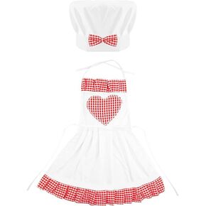 2PCS Cute Baby Chef Costume for 6-24 Months, Red and White Chef Hat Apron, Lovely Baby Outfits for Girls, Funny Photo Props Costume, Bow Tie Chefing Dress for Photo Memory