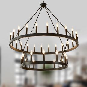 2 Tier Wagon Wheel Chandelier 36-Light 48 Inch, Extra Large Black Round Rustic Candle Farmhouse Pendant Light Fixture for High Ceilings, Dining Room Living Room Kitchen Island Foyer Entryway