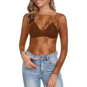 Womens Sheer Mesh Lace Long Sleeve Tops 2025 Trendy Sexy Boat Neck Undershirt Floral Shirts Party Club Night Blouses