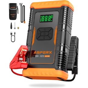 ASPERX Jump Starter with Air Compressor,【Upgrade & Safety Certs】10L Gas/8L Diesel(Almost All Cars) 12V Jumper Box Car Battery Jumper Starter Portable with Tire Inflator, Jumper Cables, Display & Light