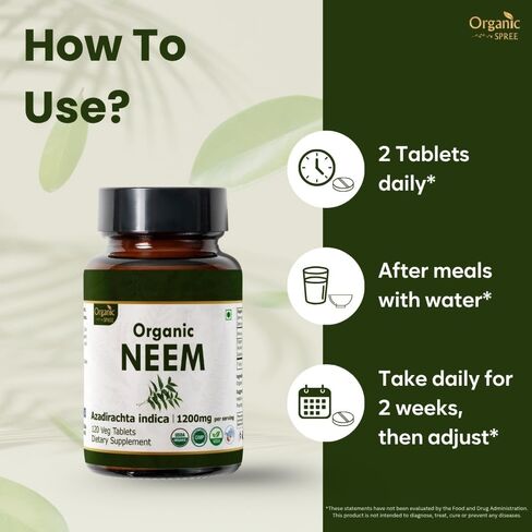 NEEM 120 Tablets | Azadirachta Indica (Neem) | USDA Organic Certified | Healthy Skin and Detox | Organic and Natural 120tab in Saudi Arabia