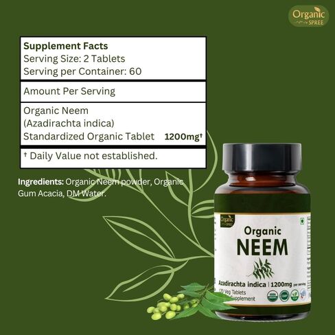 NEEM 120 Tablets | Azadirachta Indica (Neem) | USDA Organic Certified | Healthy Skin and Detox | Organic and Natural 120tab in Saudi Arabia